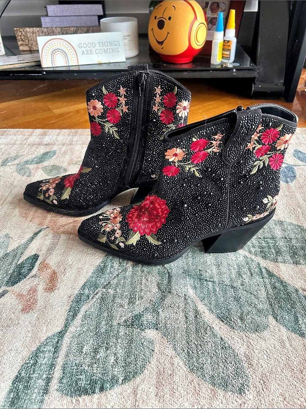 INC International Concepts Floral Embroidered Black Ankle Boots